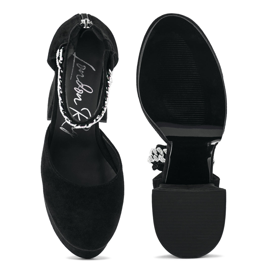 block platform sandal with metal chain#color_black