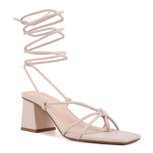 Beige Tie-Up Block Heel Sandal