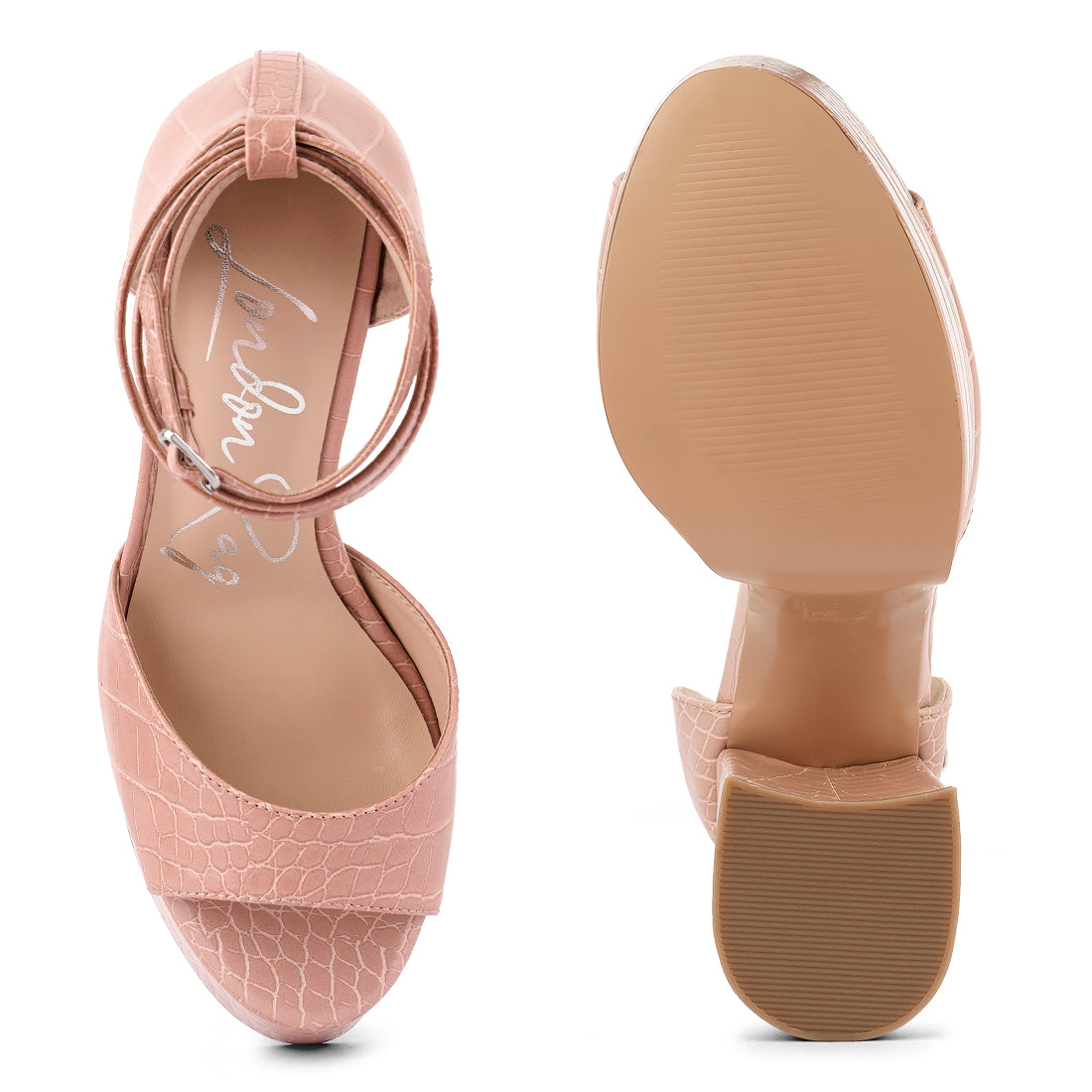 Blush Croc Textured High Heeled Block Sandal