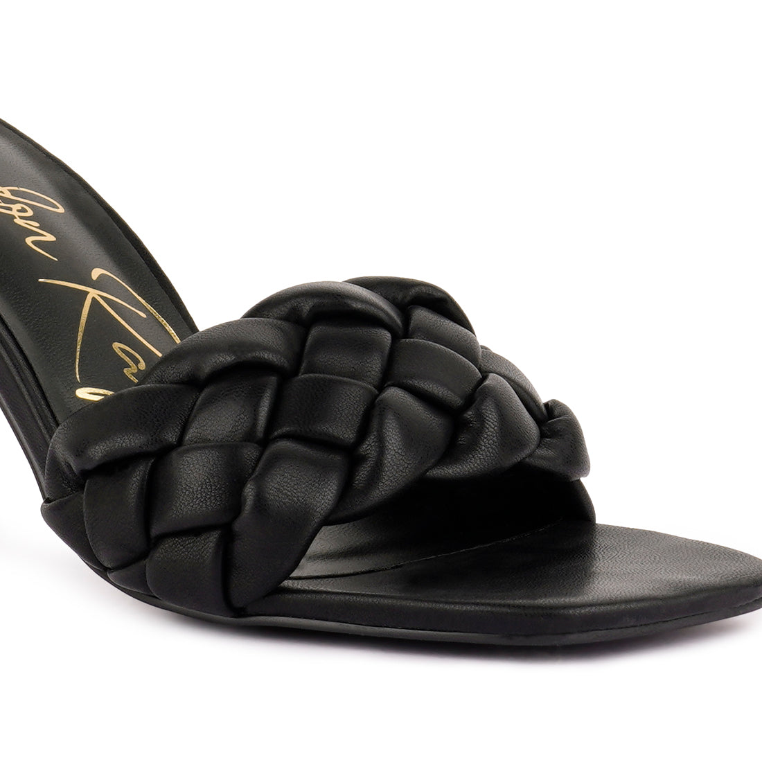 Black Woven Strap Square Toe Heeled Sandal