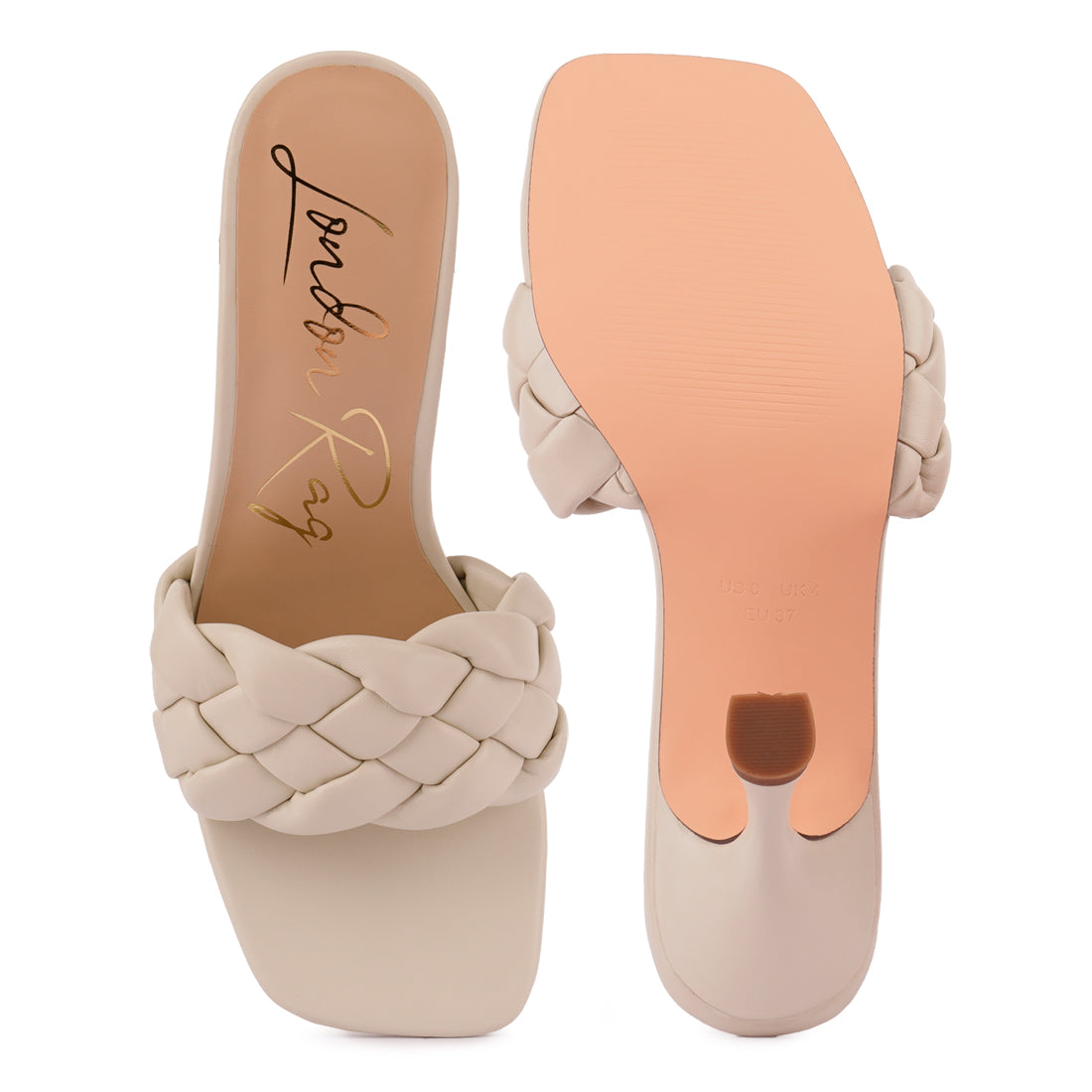 Off White Woven Strap Square Toe Heeled Sandal