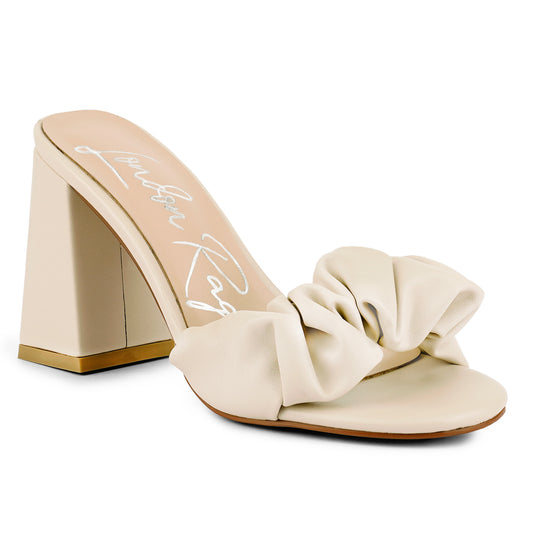 Beige Mid Block Heel Pleated Strap Sandals