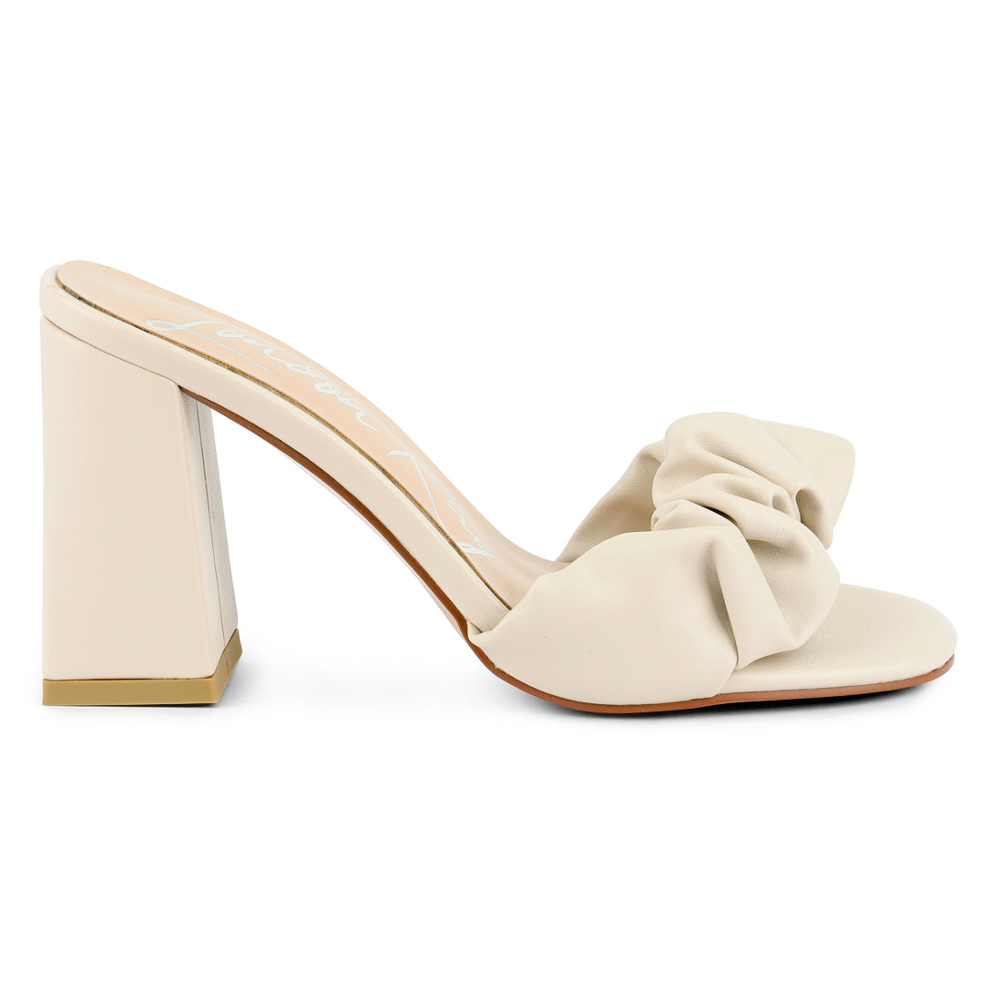 Beige Mid Block Heel Pleated Strap Sandals