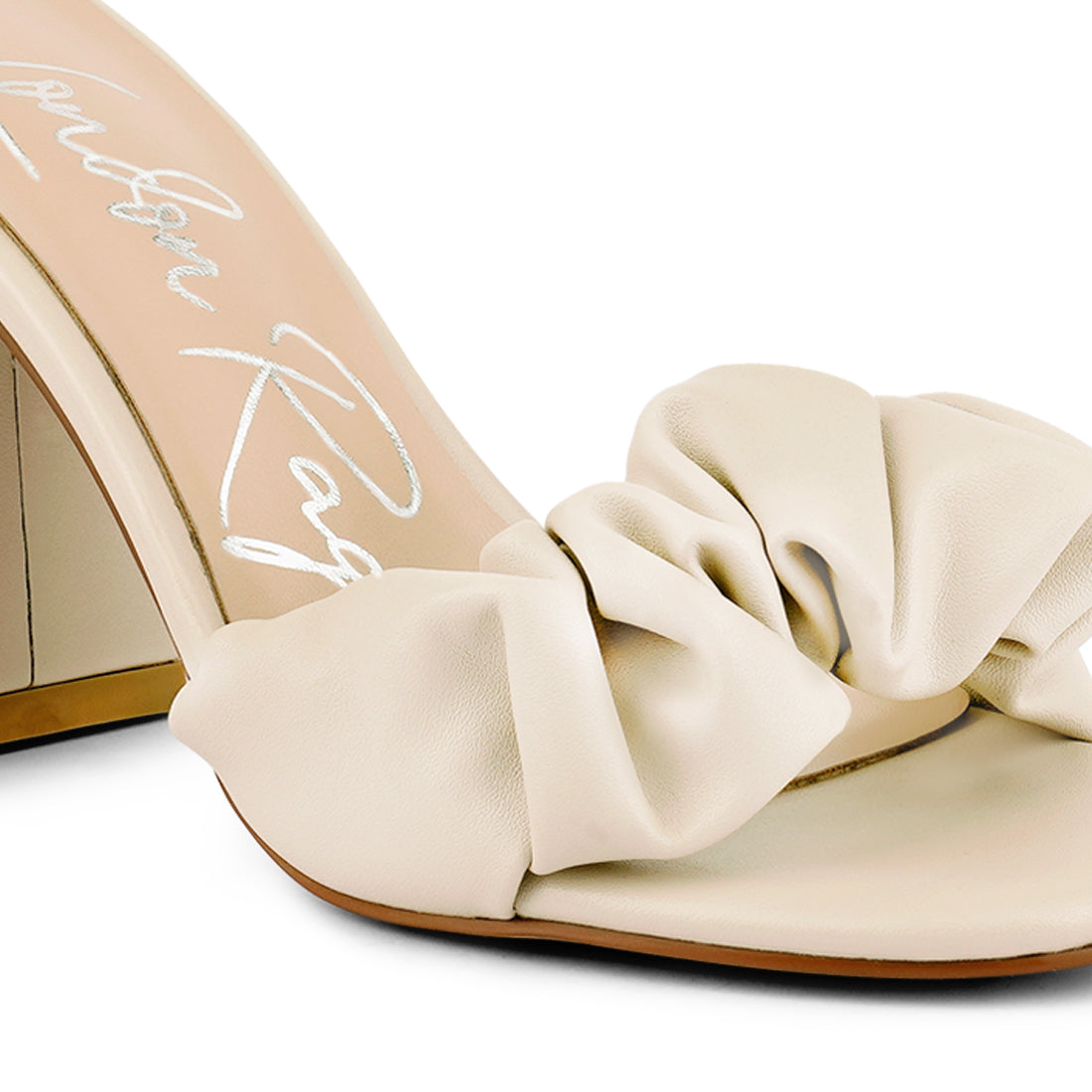 Beige Mid Block Heel Pleated Strap Sandals