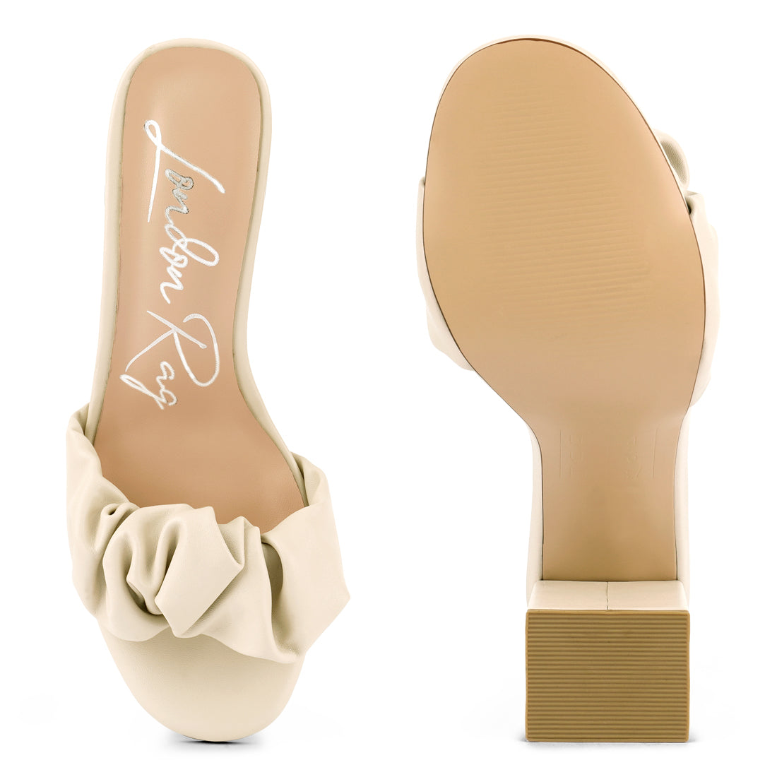 Beige Mid Block Heel Pleated Strap Sandals