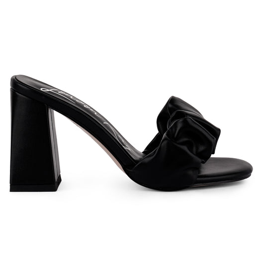 Black Mid Block Heel Pleated Strap Sandals