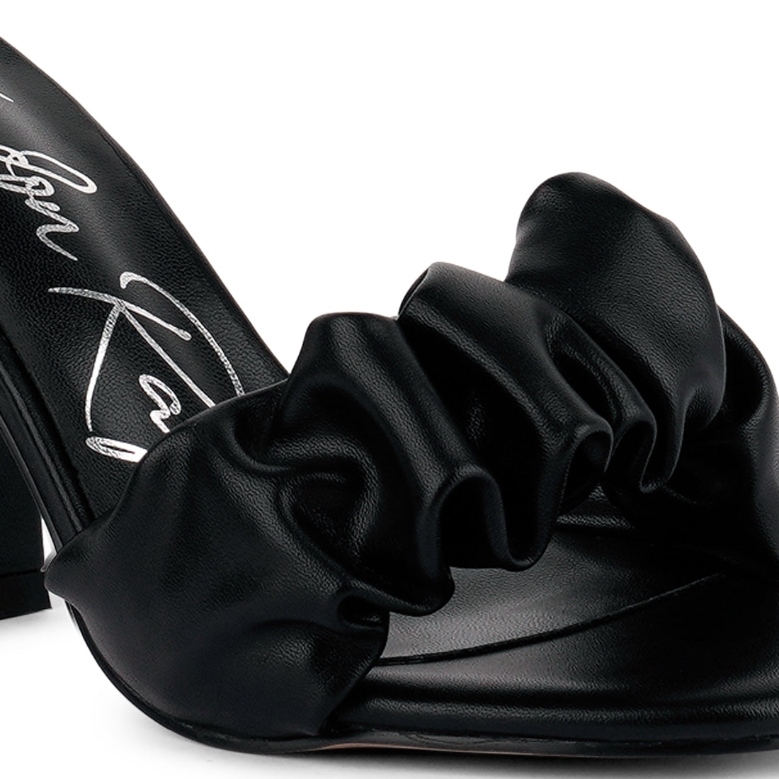 Black Mid Block Heel Pleated Strap Sandals