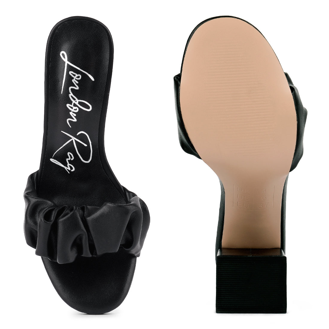 Black Mid Block Heel Pleated Strap Sandals