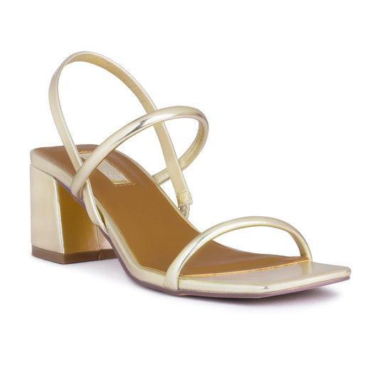 Square Toe Block Heeled Sandal in Gold