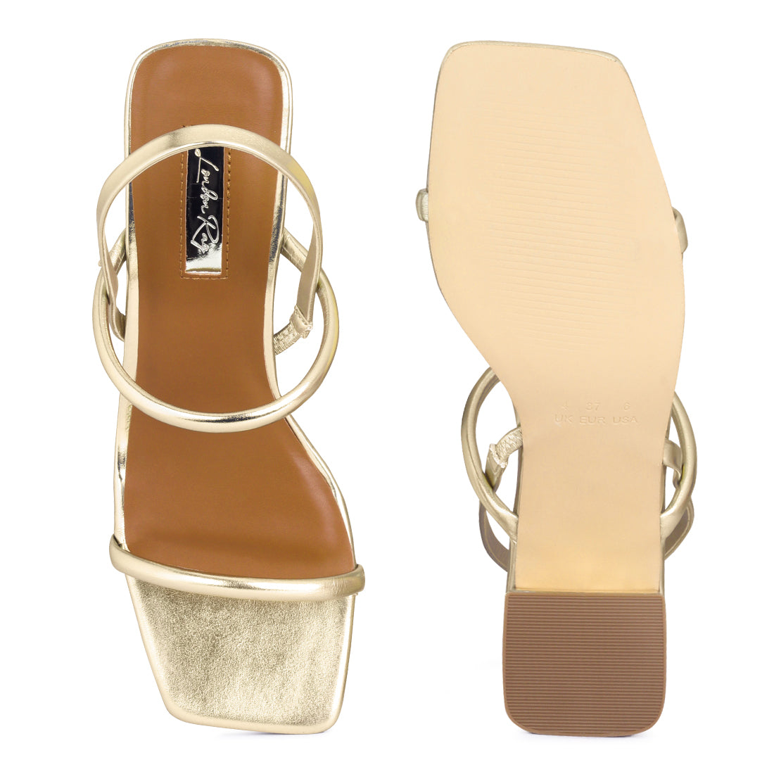 Square Toe Block Heeled Sandal in Gold