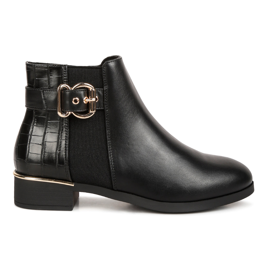 Buckled Ankle Boots with Croc Detail in Black