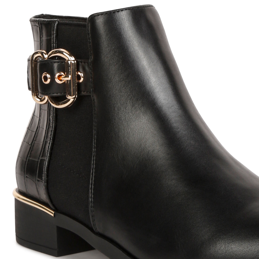 Buckled Ankle Boots with Croc Detail in Black