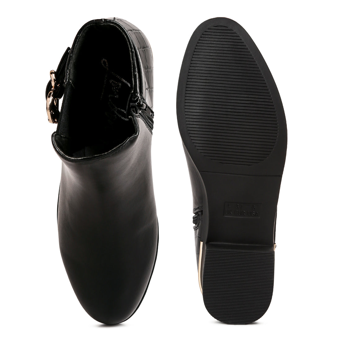 Buckled Ankle Boots with Croc Detail in Black