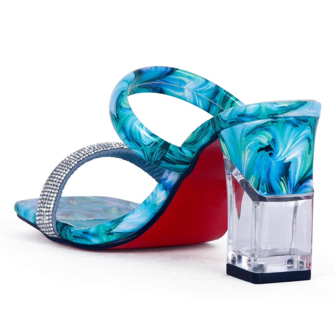 Transparent Block Heeled Sandal in Aqua Blue