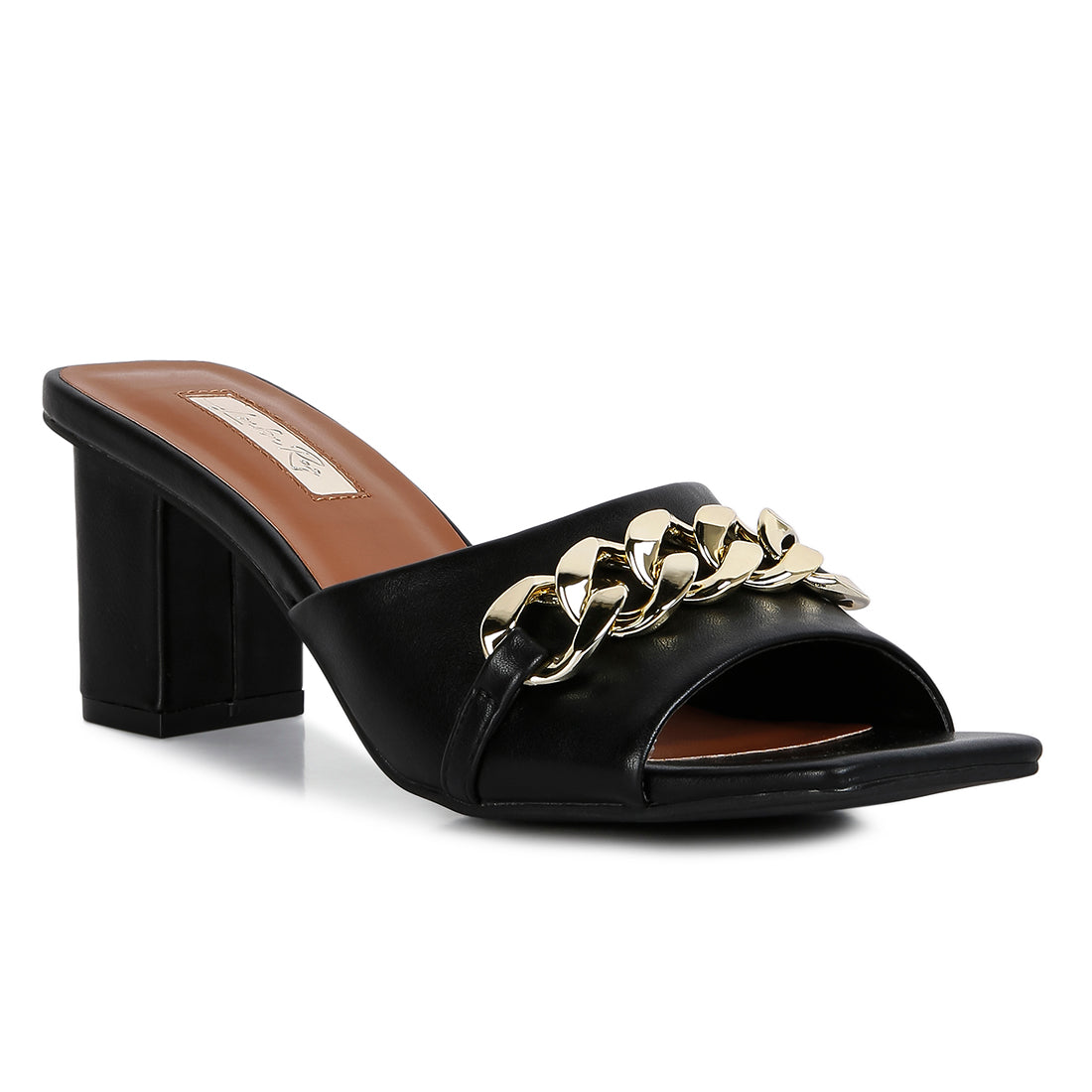mid heel chain detail sandals#color_black