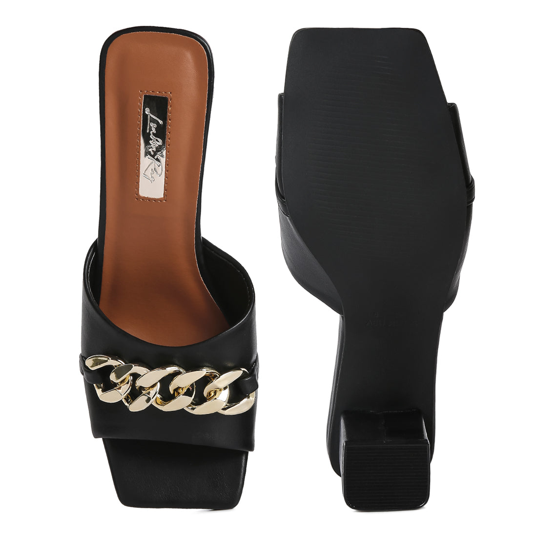 mid heel chain detail sandals#color_black