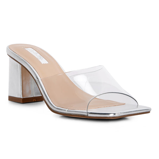 Silver Metallic Clear Strap Block Heeled Sandals
