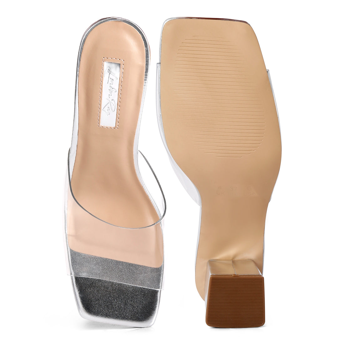 Silver Metallic Clear Strap Block Heeled Sandals