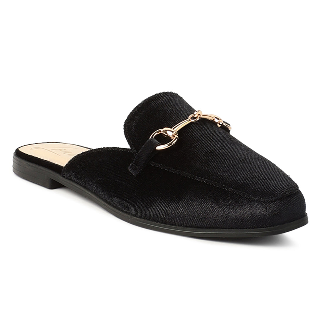 Black Velvet Buckled Flat Mules