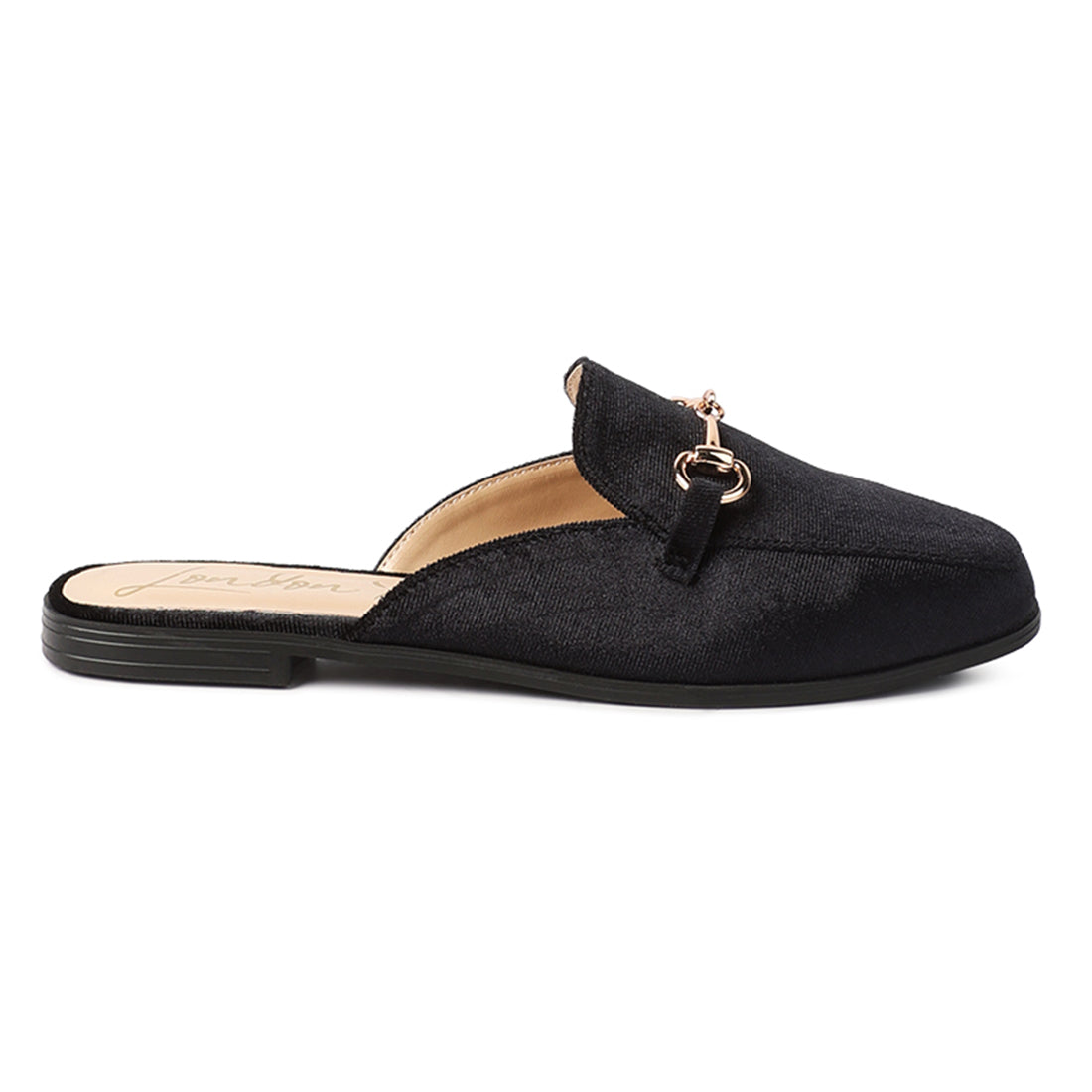 Black Velvet Buckled Flat Mules