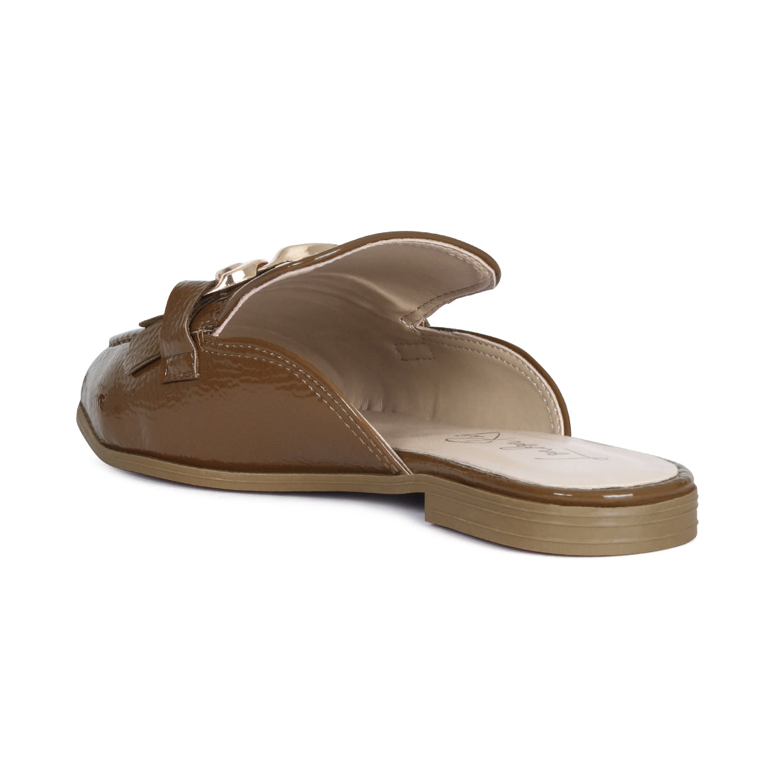 Metal Buckled Fringe Detail Mules in Taupe