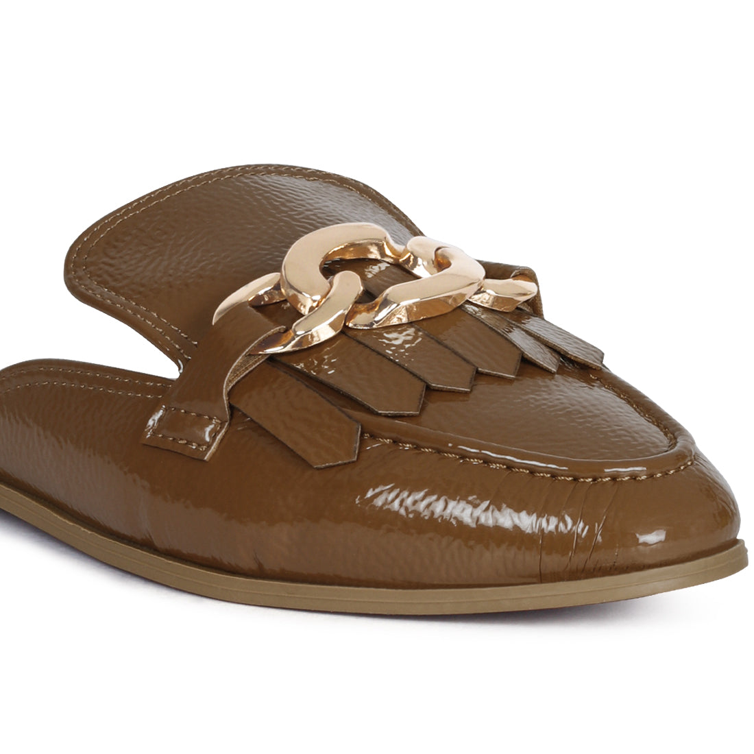 Metal Buckled Fringe Detail Mules in Taupe