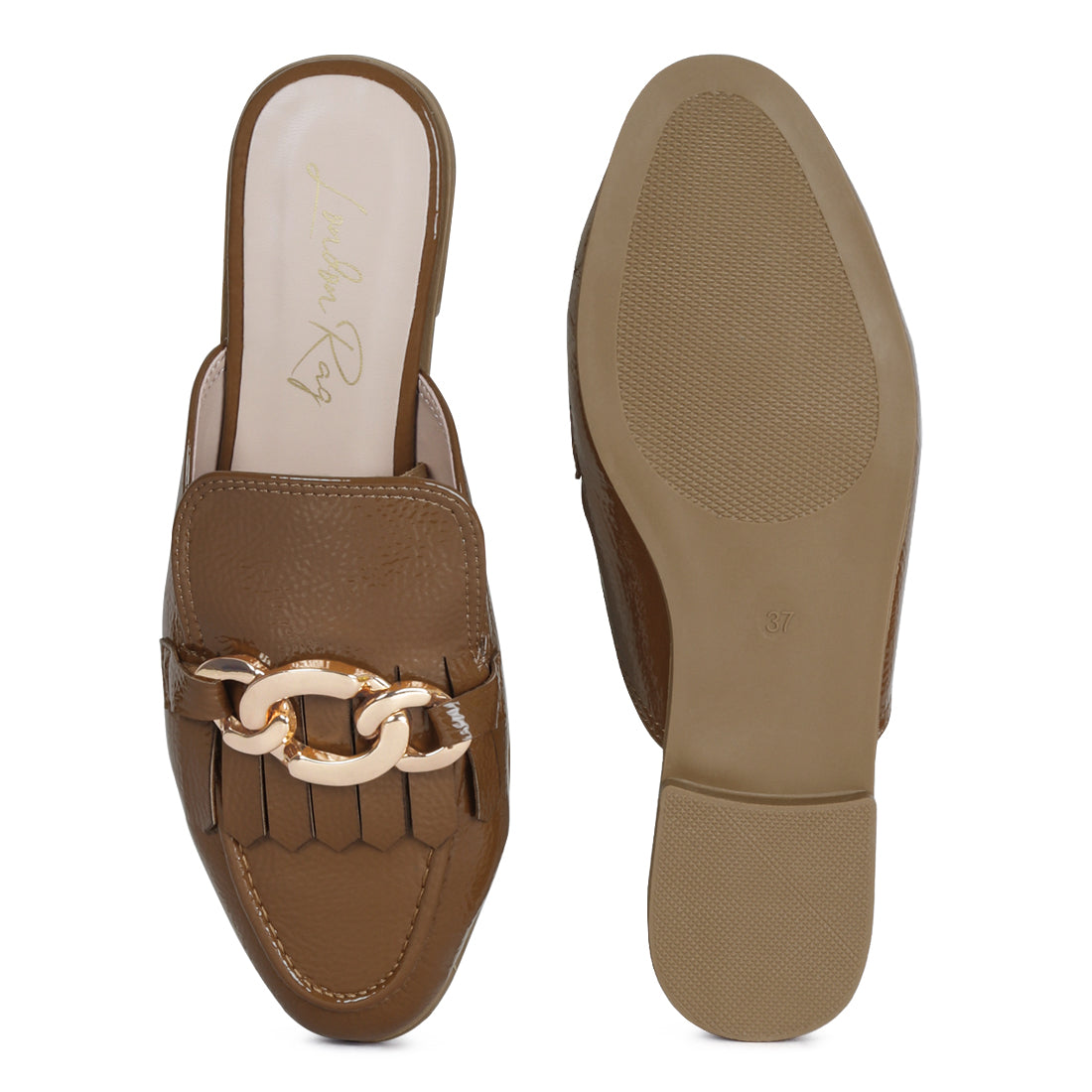 Metal Buckled Fringe Detail Mules in Taupe