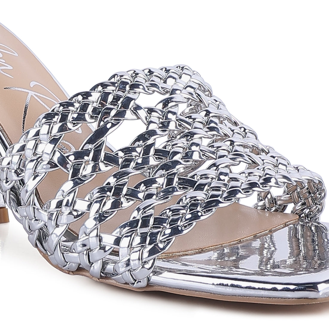 Silver Metallic Braided Straps Slider Sandals