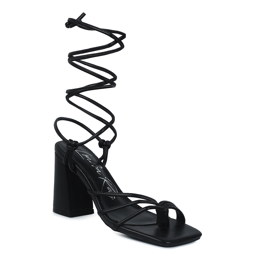 Black Toe Ring Tie Up Block Sandals