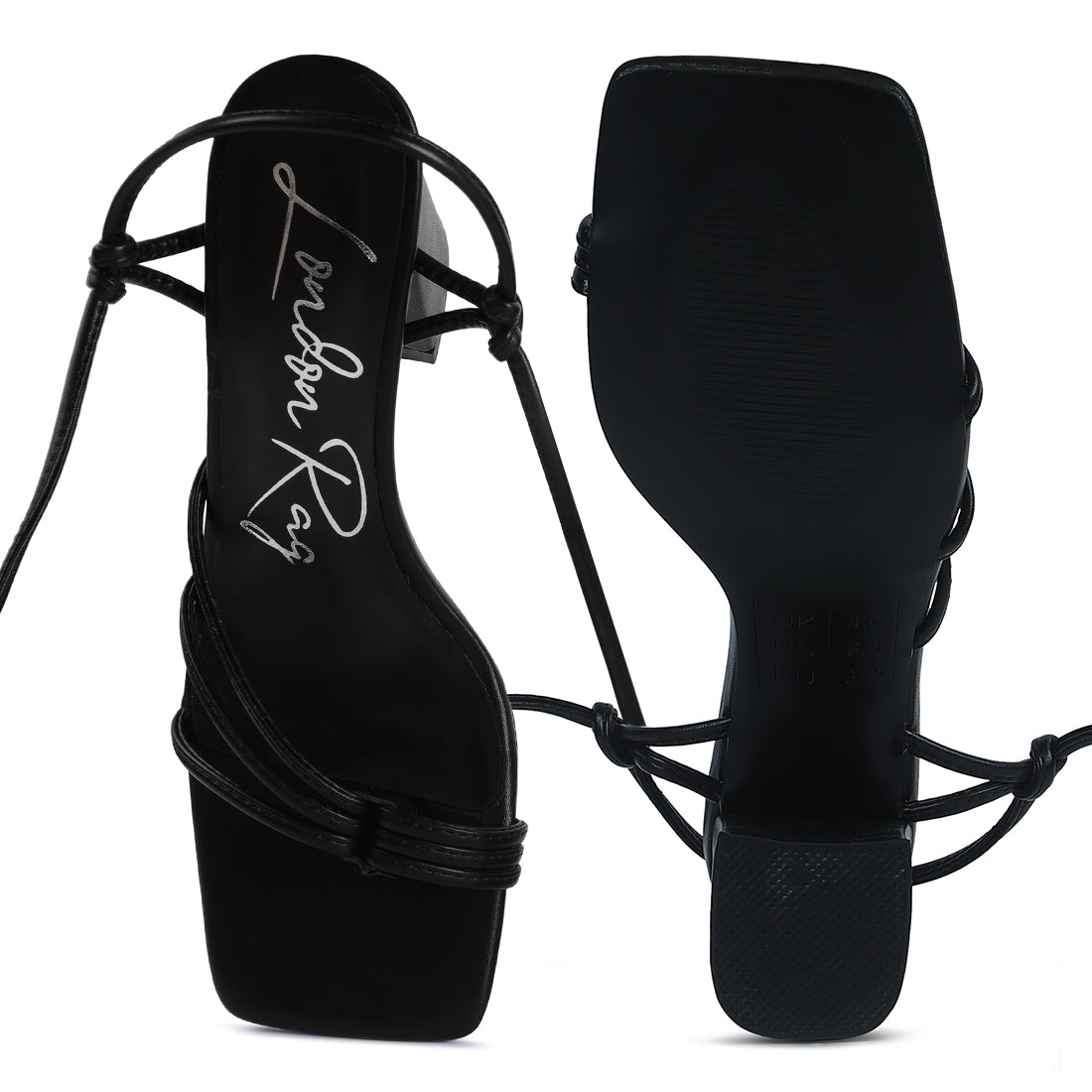 Black Toe Ring Tie Up Block Sandals