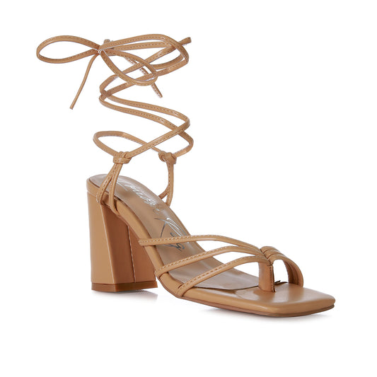 Nude Toe Ring Tie Up Block Sandals