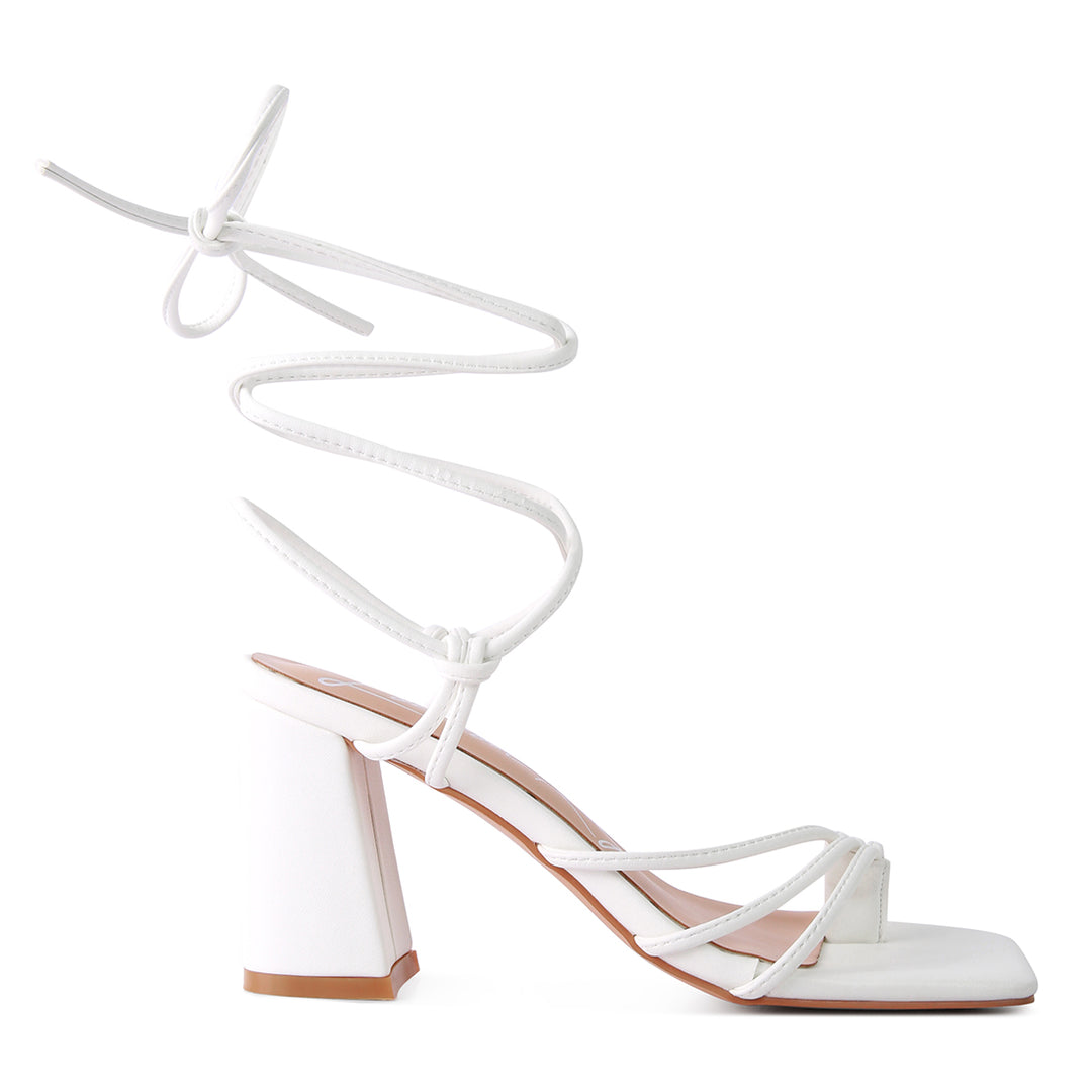 White Toe Ring Tie Up Block Sandals