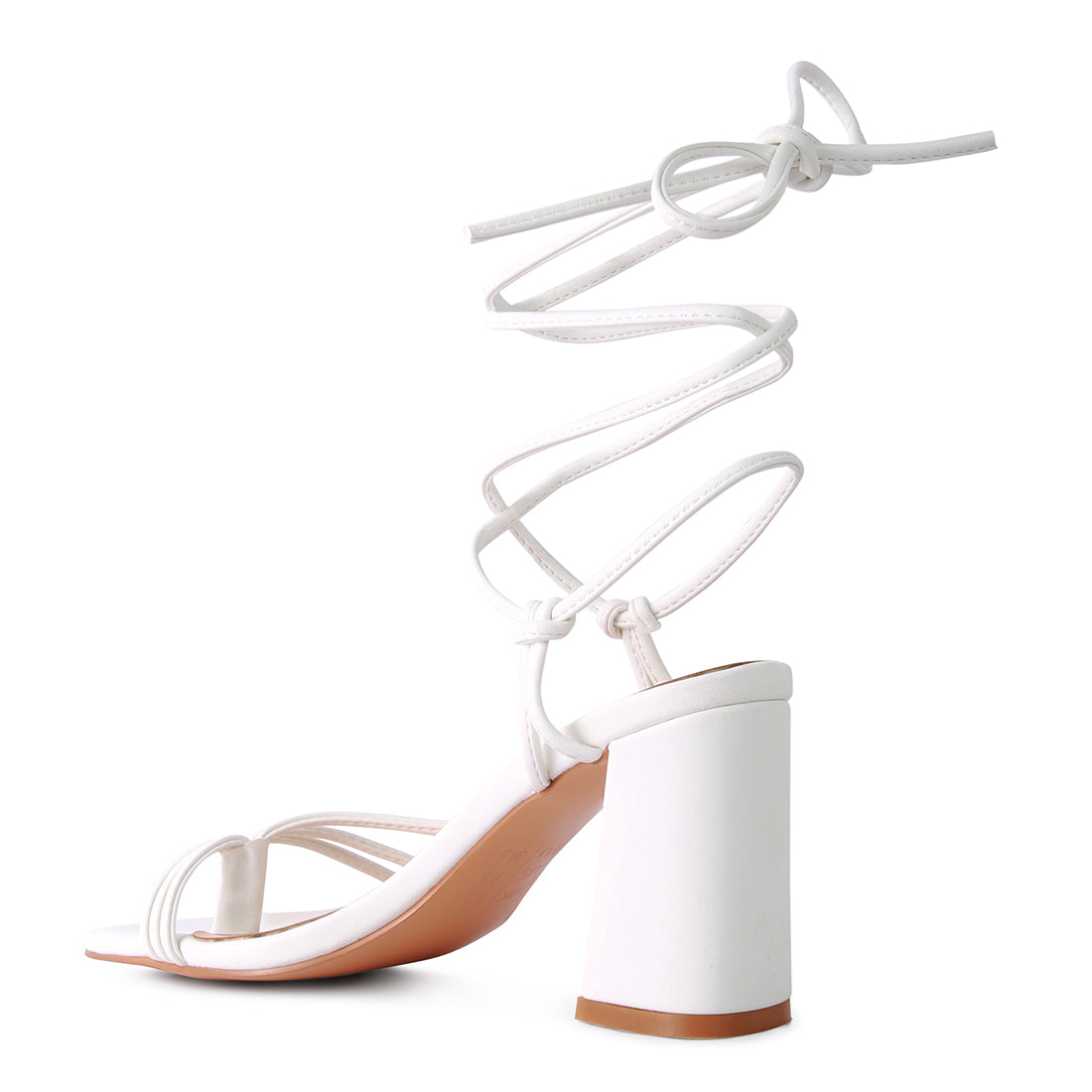 White Toe Ring Tie Up Block Sandals