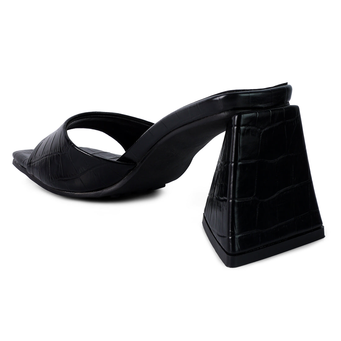Black Triangle Block Heeled Croc Sandals