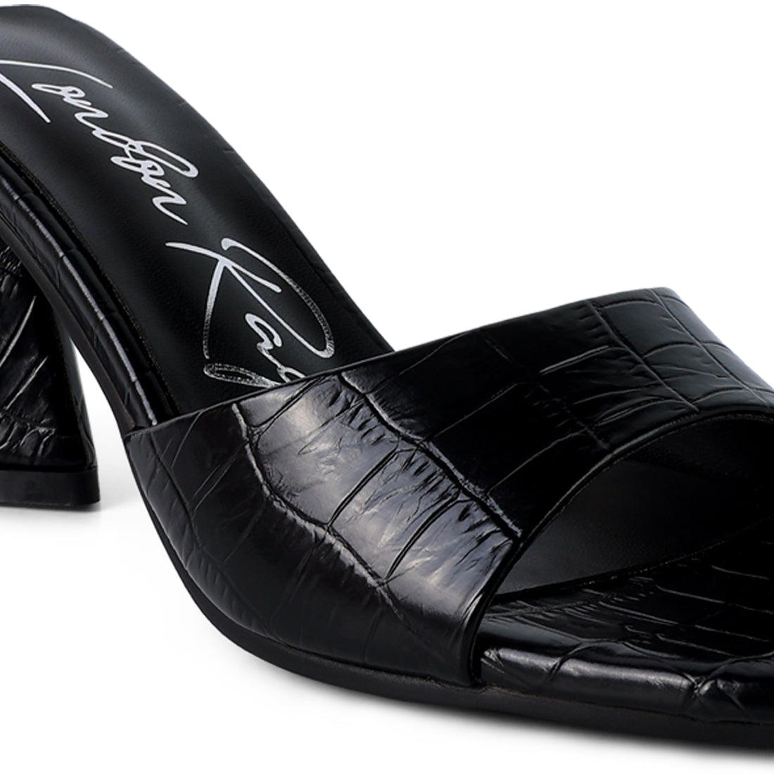 Black Triangle Block Heeled Croc Sandals