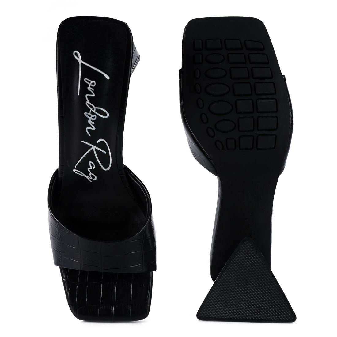 Black Triangle Block Heeled Croc Sandals
