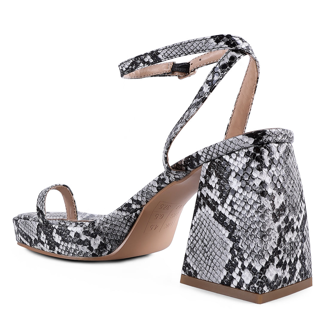Black Snake Pattern Block Heeled Sandals