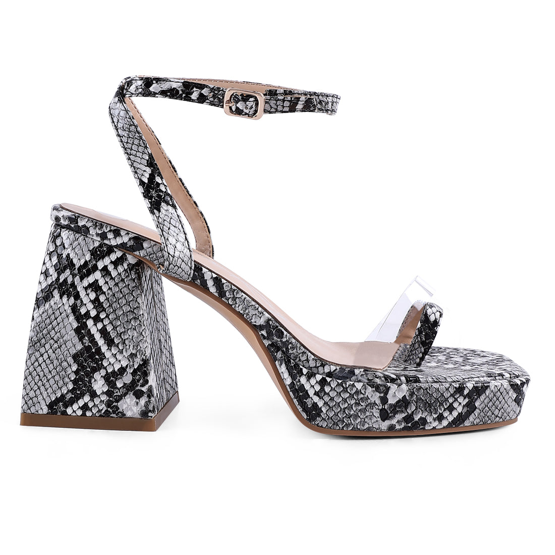 Black Snake Pattern Block Heeled Sandals