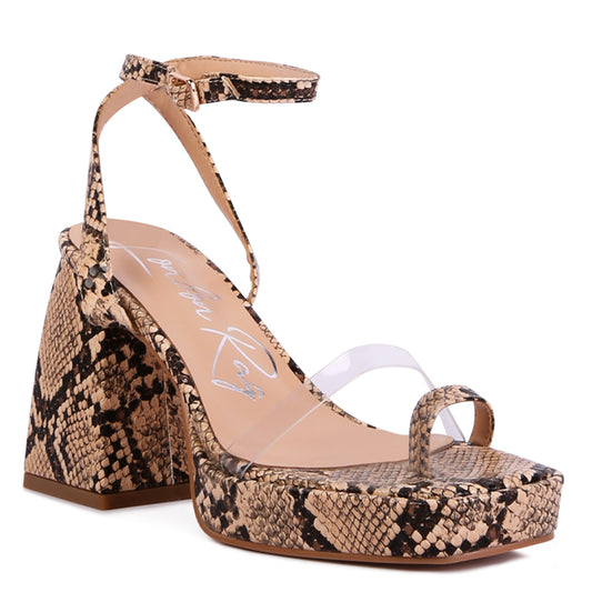 Beige Snake Pattern Block Heeled Sandals