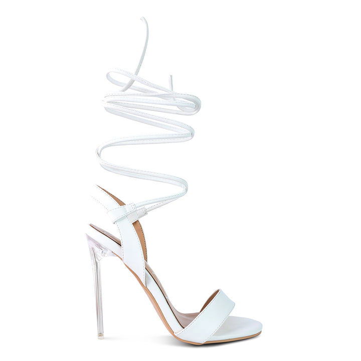 Clear Stiletto Lace Up Sandal in White