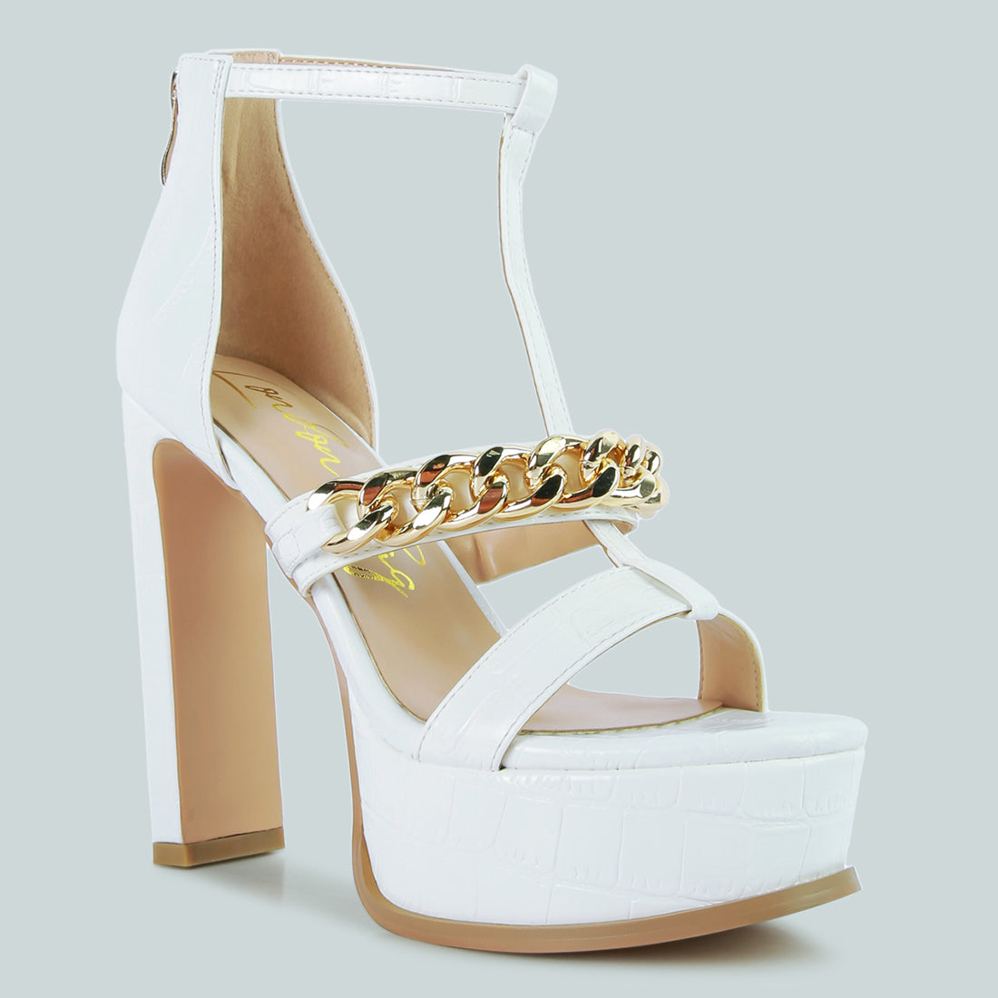 White Metal Chain Zip Up Sandal