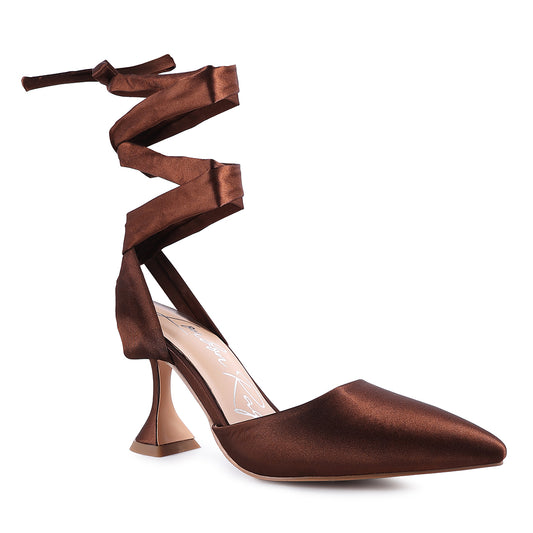 Spool Heel Tie Up Satin Sandals in Brown