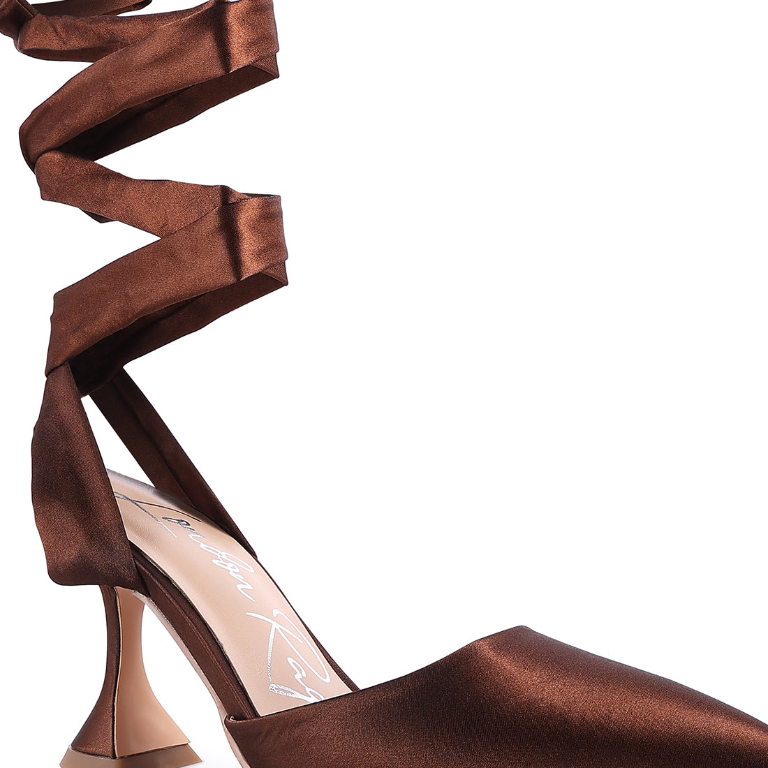 Spool Heel Tie Up Satin Sandals in Brown