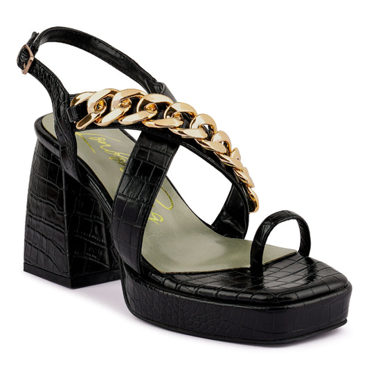 Black Metal Chain Strap Croc Block Sandal