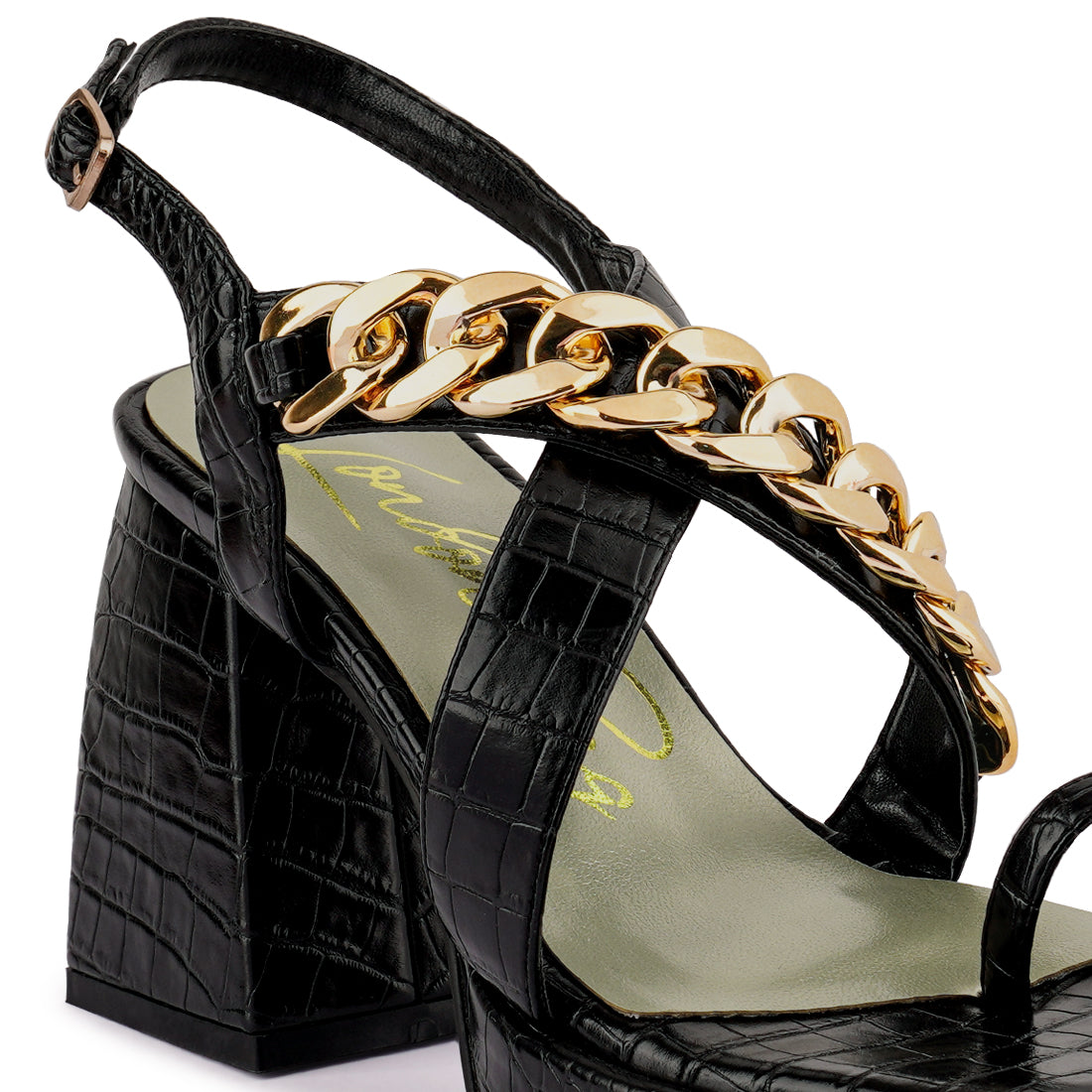 Black Metal Chain Strap Croc Block Sandal