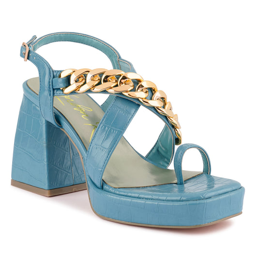 Blue Metal Chain Strap Croc Block Sandal