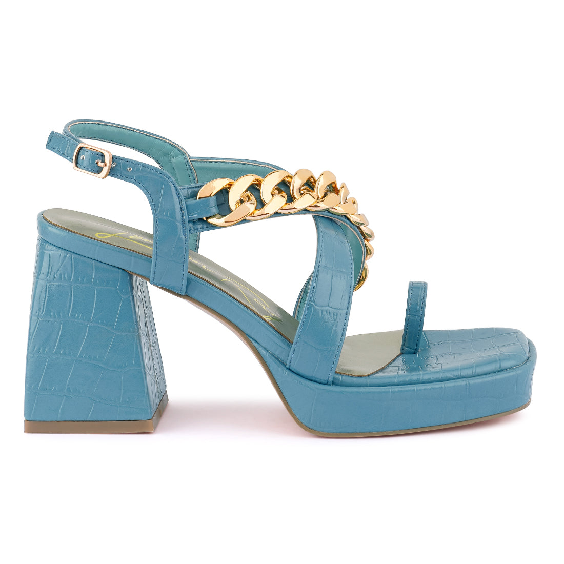 Blue Metal Chain Strap Croc Block Sandal