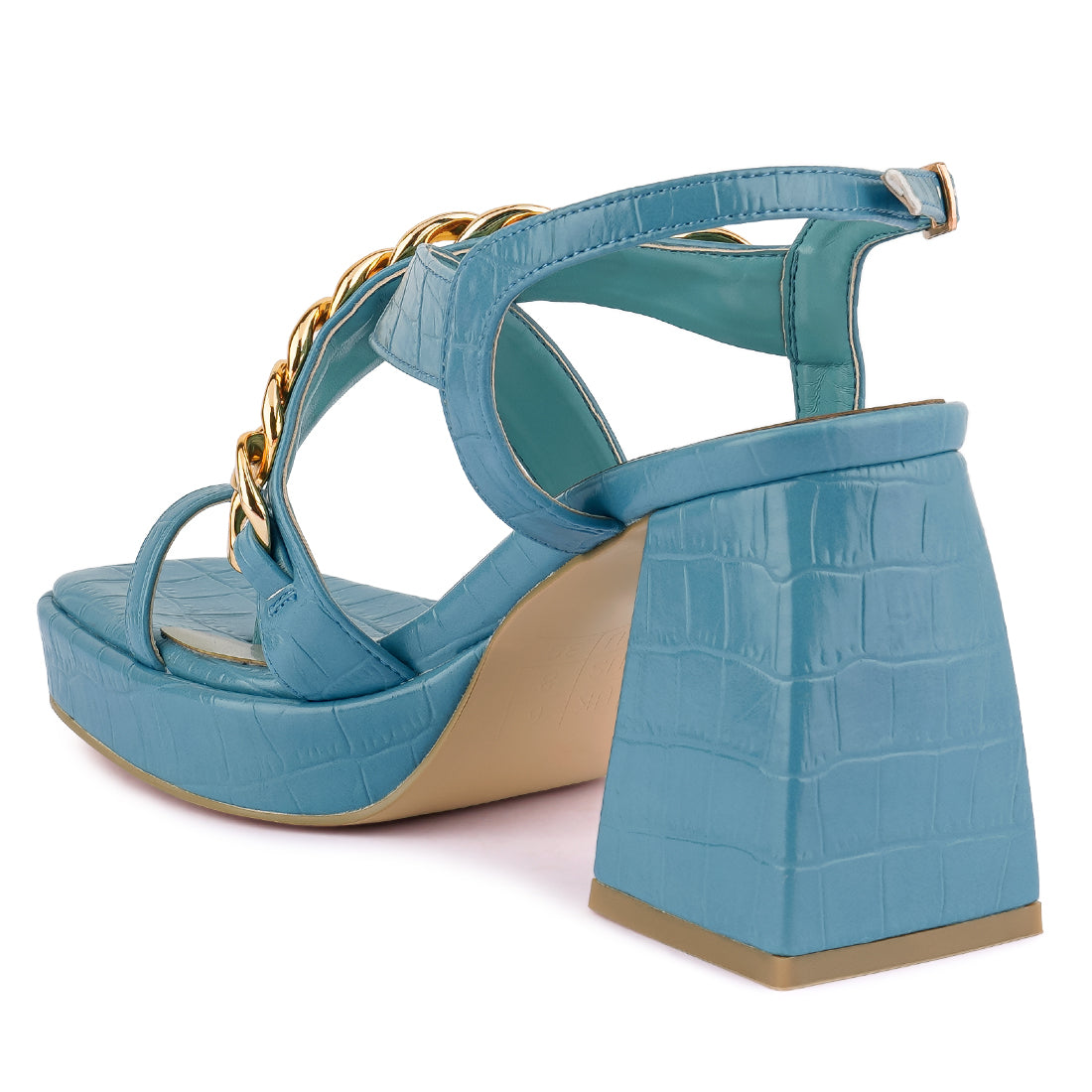 Blue Metal Chain Strap Croc Block Sandal