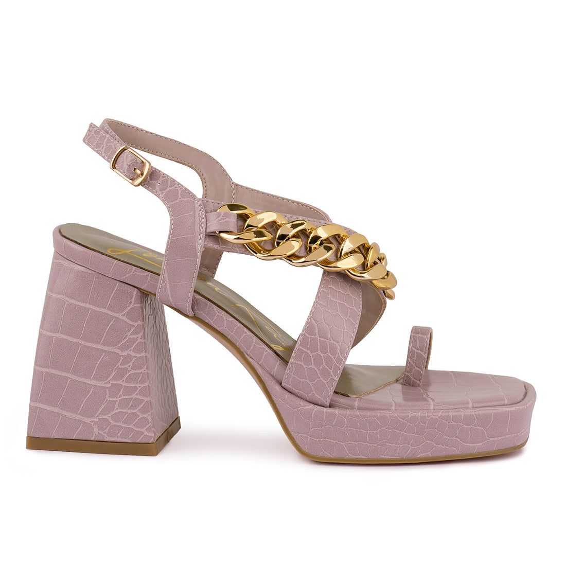 Pink Metal Chain Strap Croc Block Sandal