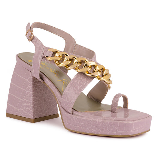Pink Metal Chain Strap Croc Block Sandal